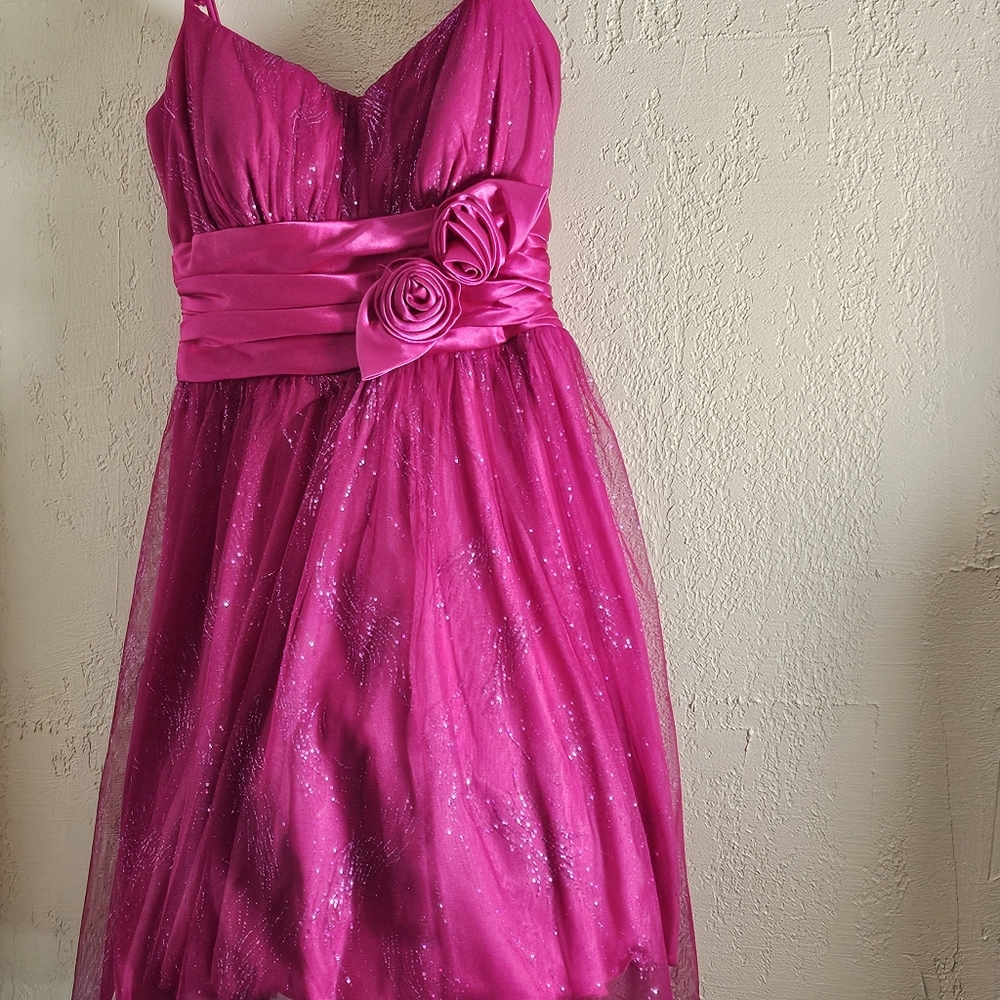 B. Smart special occasion dress fuchsia pink waist accent pre-owned junior sz 3